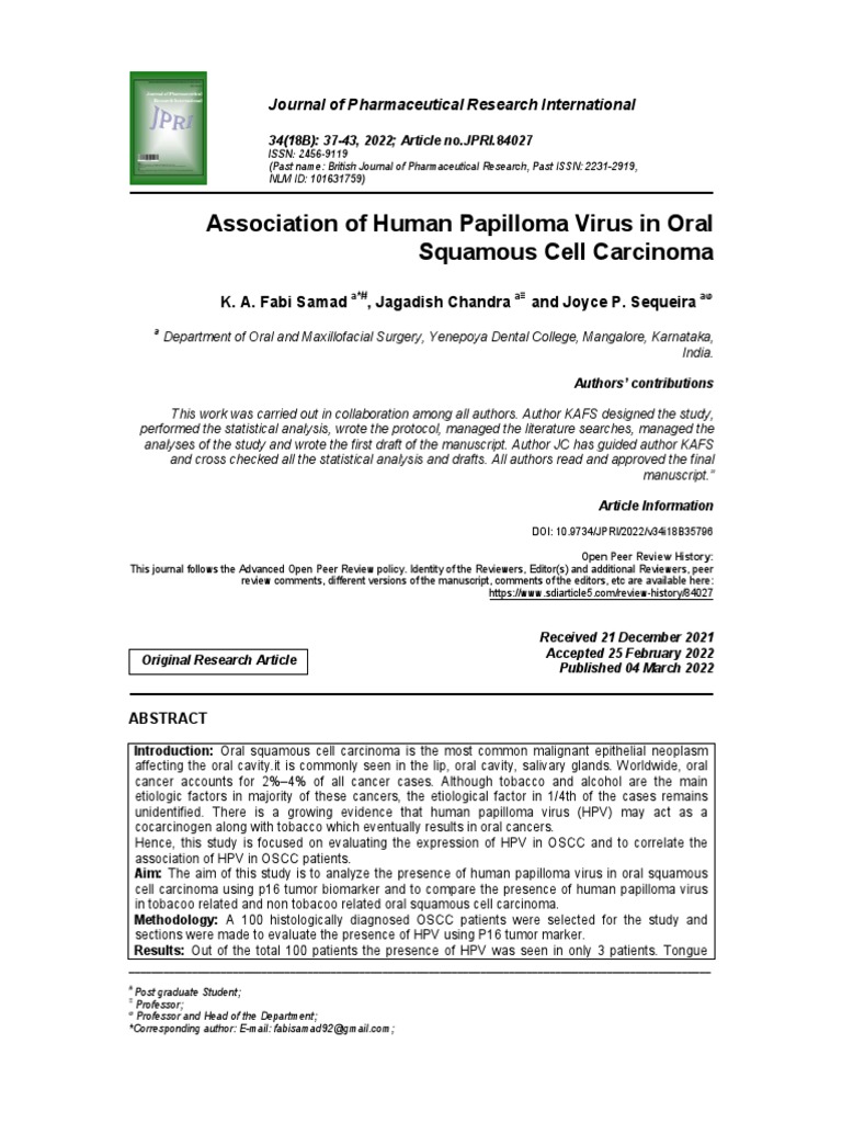 Association of Human Papilloma Virus in Oral Squamous Cell Carcinoma ...