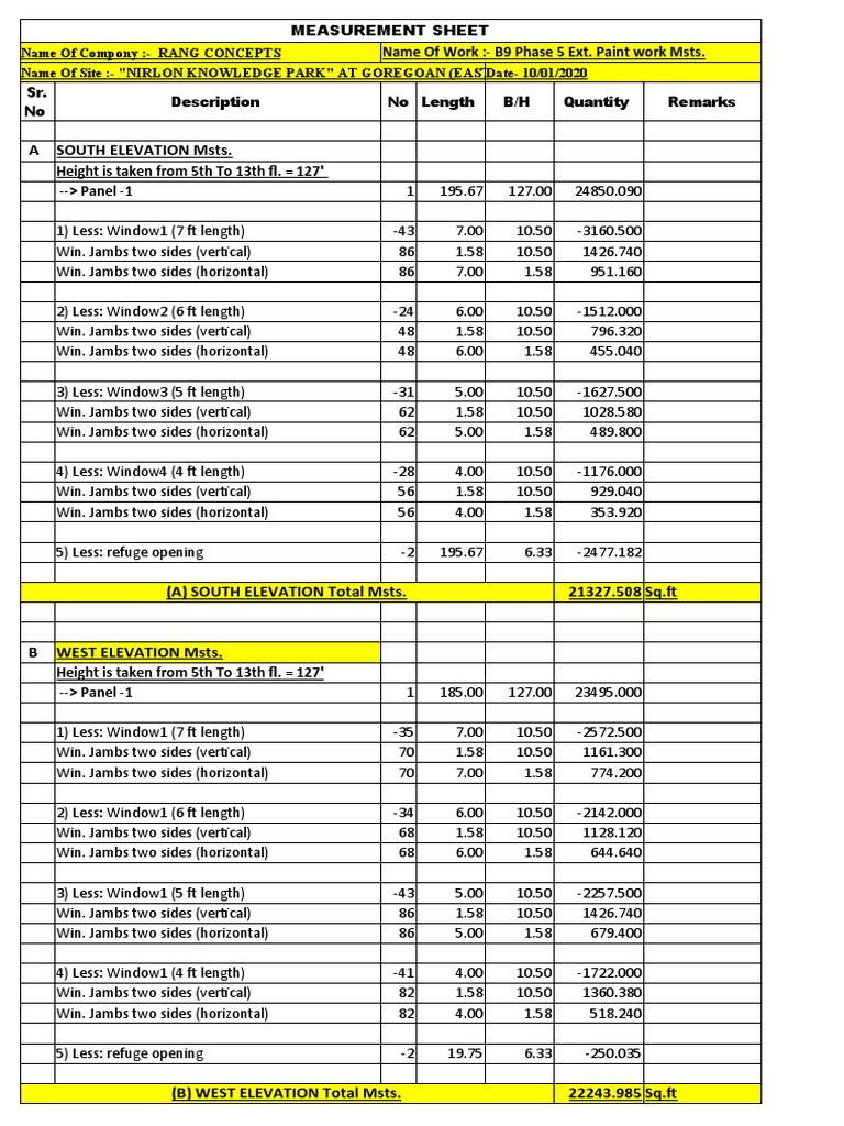 Measurement Sheet for Painting Works at Nirlon Knowledge Park in