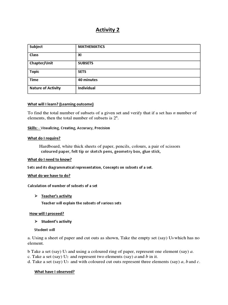 Activity 2 Sets and Its Diagrammatical Representation, Concepts On