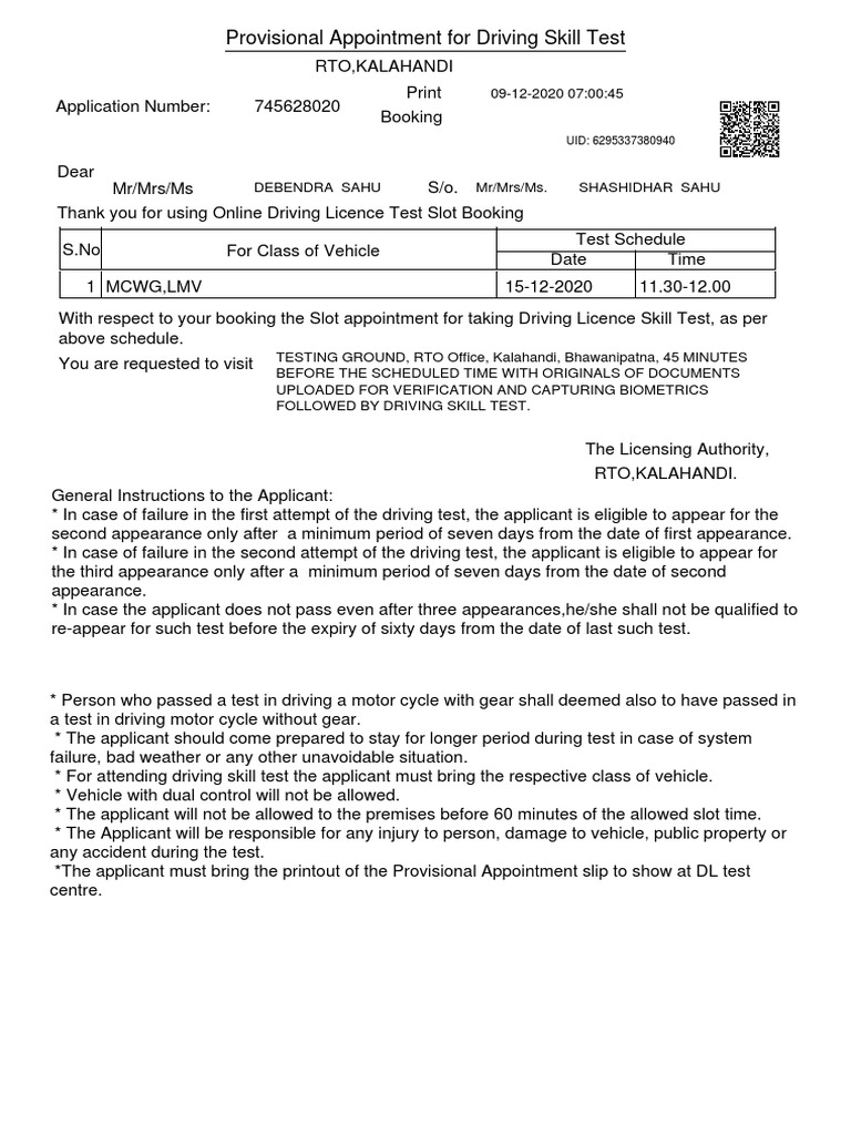 Provisional Appointment For Driving Skill Test PDF Driver's License