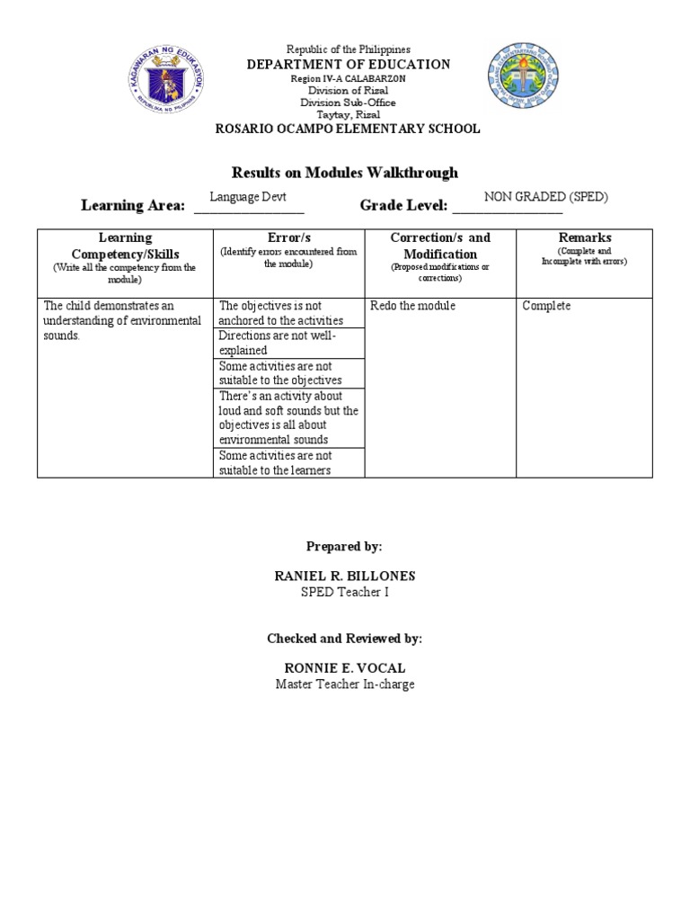 Results On Modules Walkthrough Learning Area: - Grade Level | PDF ...