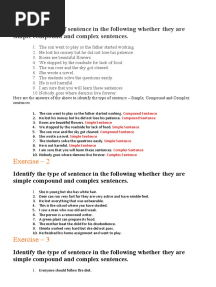 Exercise - 1: Identify The Type of Sentence in The Following Whether They Are Simple Compound and Complex Sentences