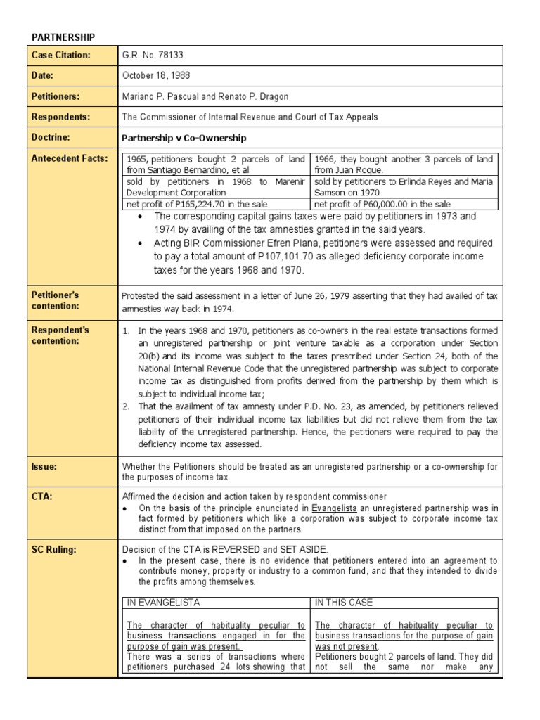 Partnership Case Citation Date Petitioners Respondents Doctrine