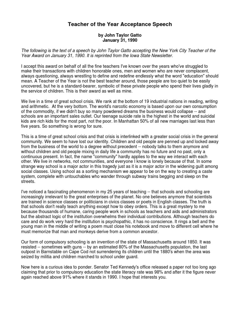 Gatto Teacher of Year Speech 1990 PDF Time Curiosity