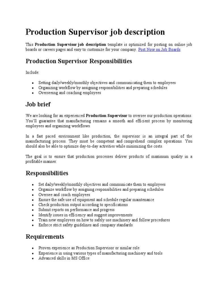 Production Supervisor Job Description PDF Employment Supervisor