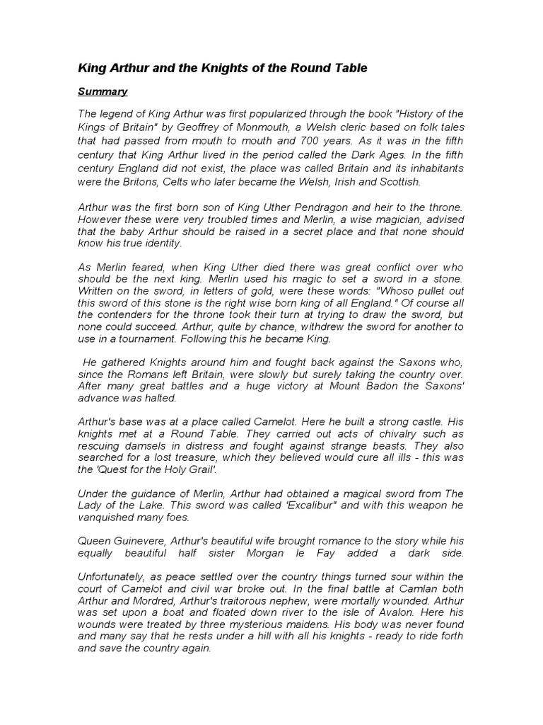 Summary King Arthur and the Knights of the Round Table Arthurian