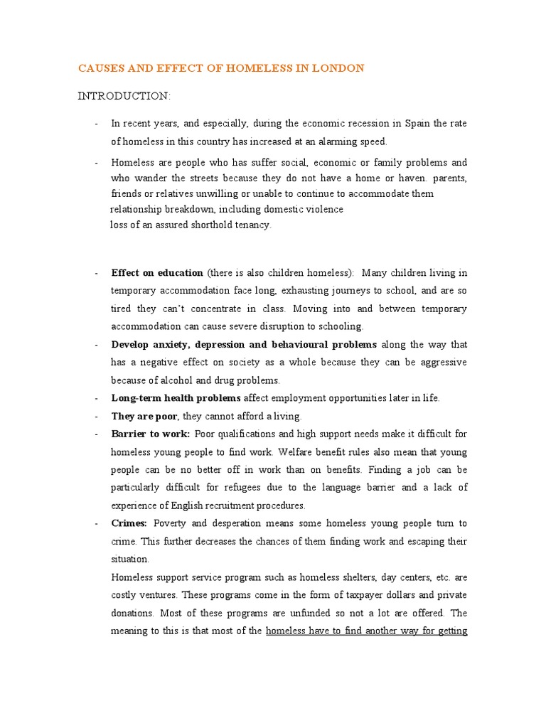Causes and Effect of Homeless in London | PDF | Homelessness | Poverty