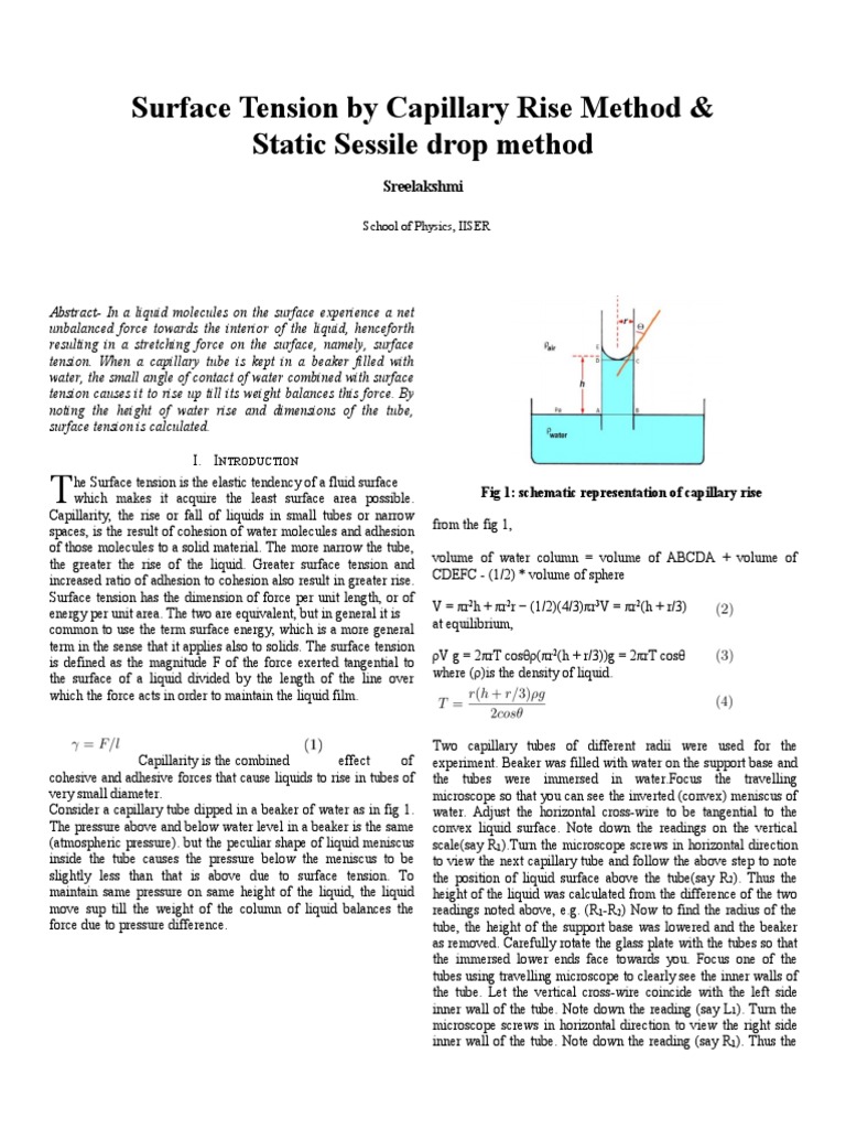 Surface Tension via Capillary Rise Method | PDF | Science & Mathematics