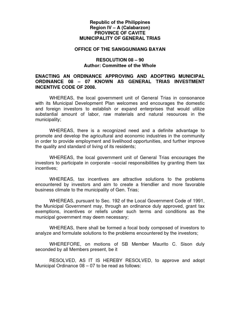 Gen. Trias Investment Incentive Code of 2008 Local Government Tax