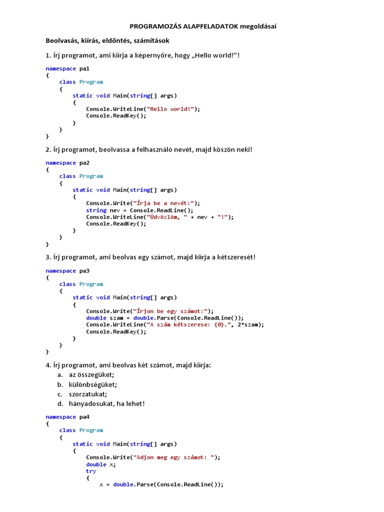 Programozasi Alapfeladatok Megoldasok | PDF