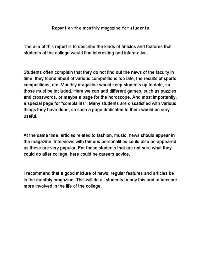 Report On The Monthly Magazine For Students | PDF