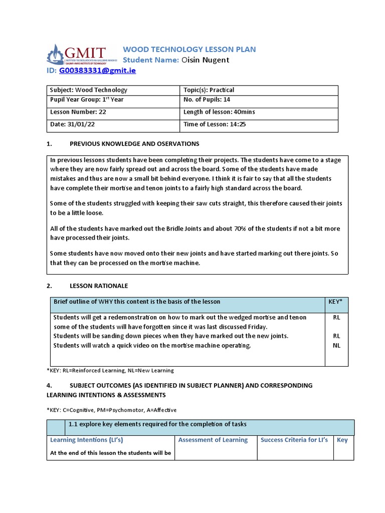 Lesson Plan 19 Wood Technology Year 1 | PDF | Teachers | Applied Psychology
