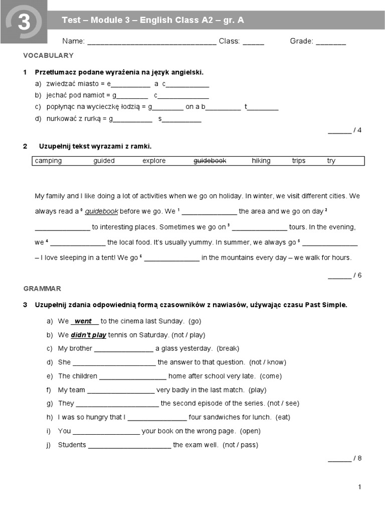 A2 English Class Module 3 Test | PDF