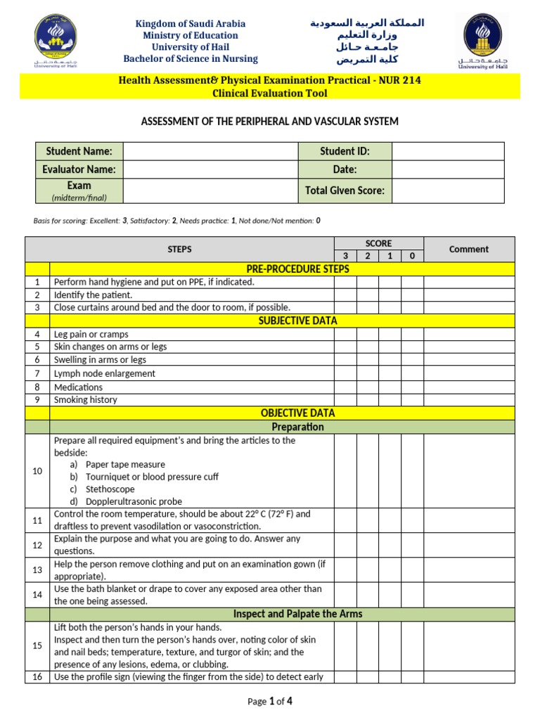 Checklist For PERIPHERAL VASCULAR SYSTEM - Tagged | PDF | Pulse | Vein