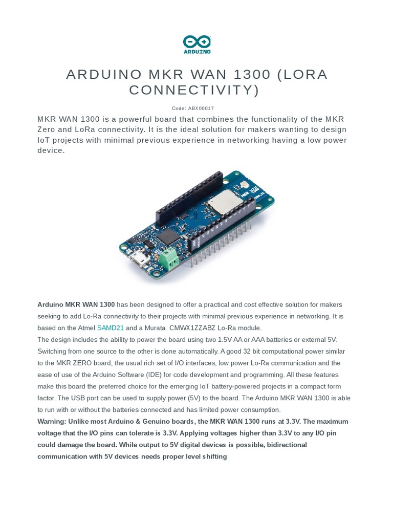 Arduino MKR Wan 1300 (Lora Connectivity) : SAMD21 | Download Free PDF ...
