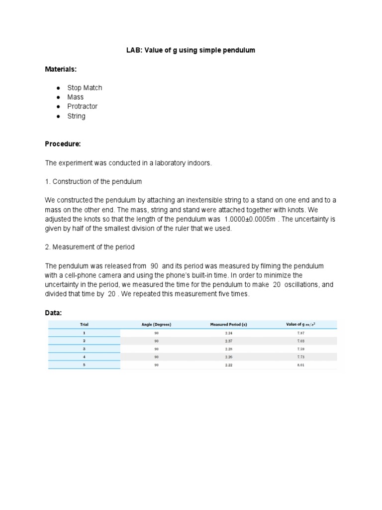Measuring g with a Simple Pendulum | PDF | Pendulum | Applied And ...