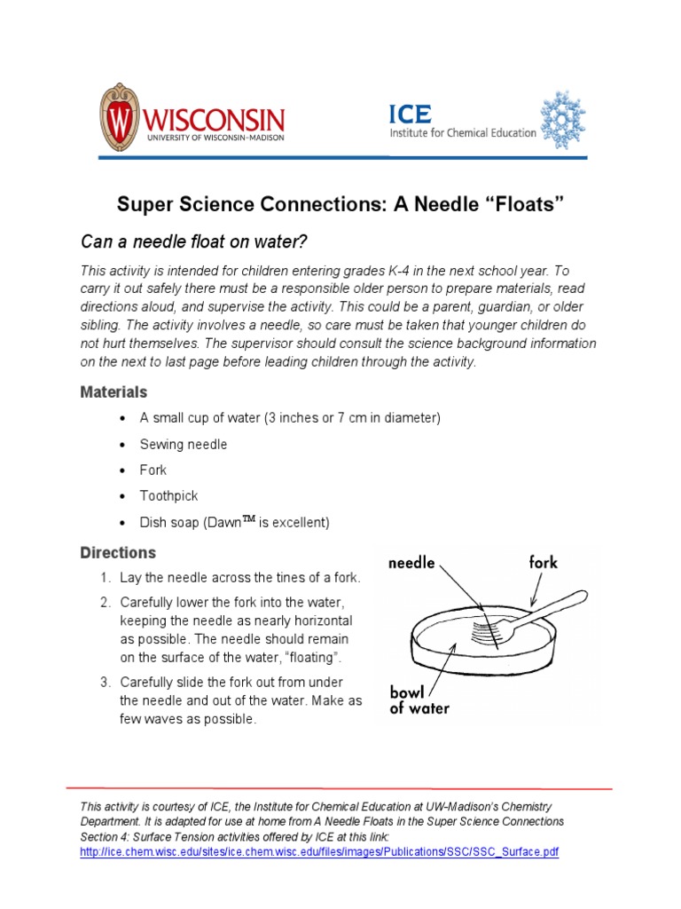 Needle Floating on Water Activity | PDF | Buoyancy | Surface Tension
