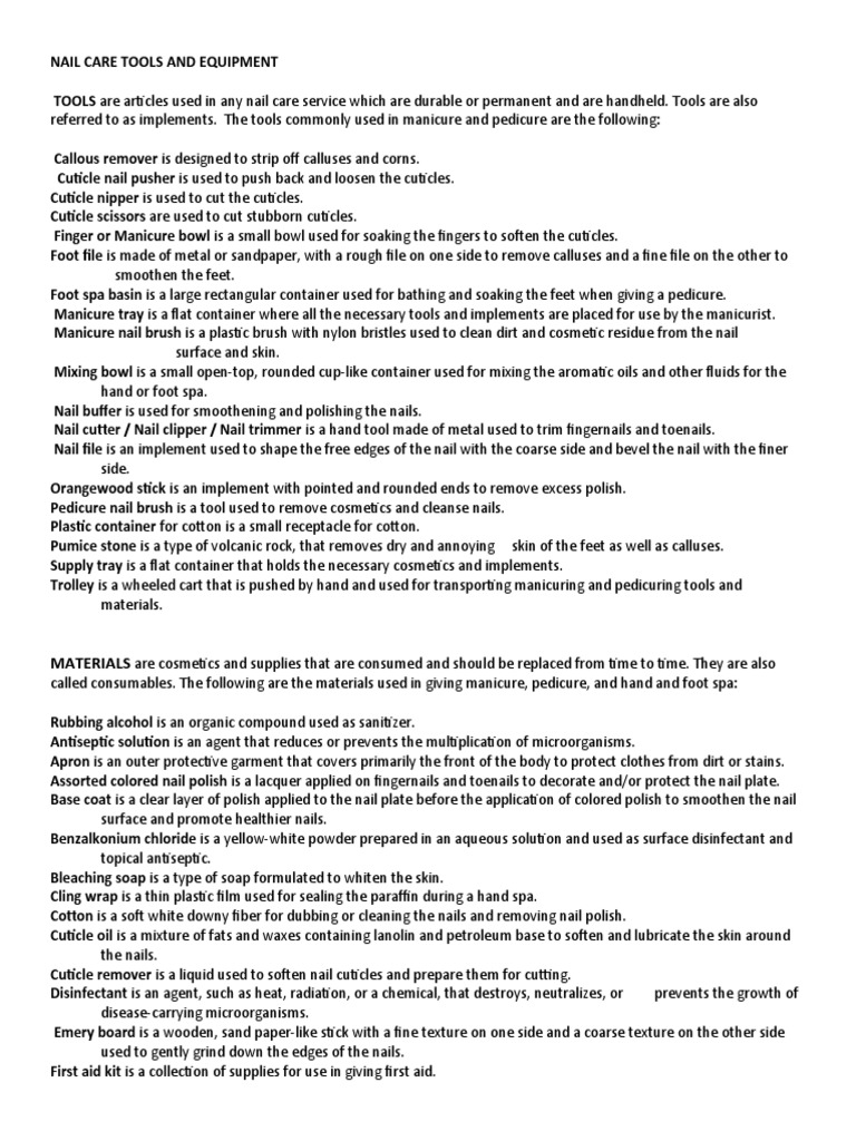 Nail Care Tools and Equipment PDF Nail (Anatomy)