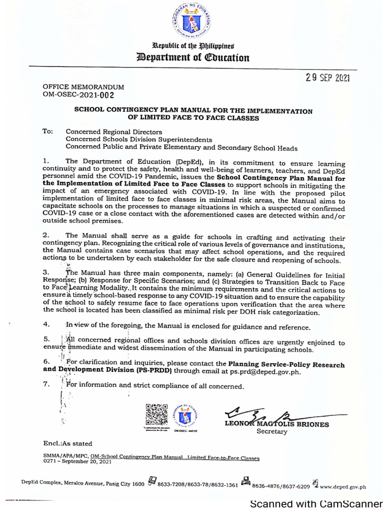 2022 02 10 DepEd School Contingency Plan Manual For Limited Face To ...