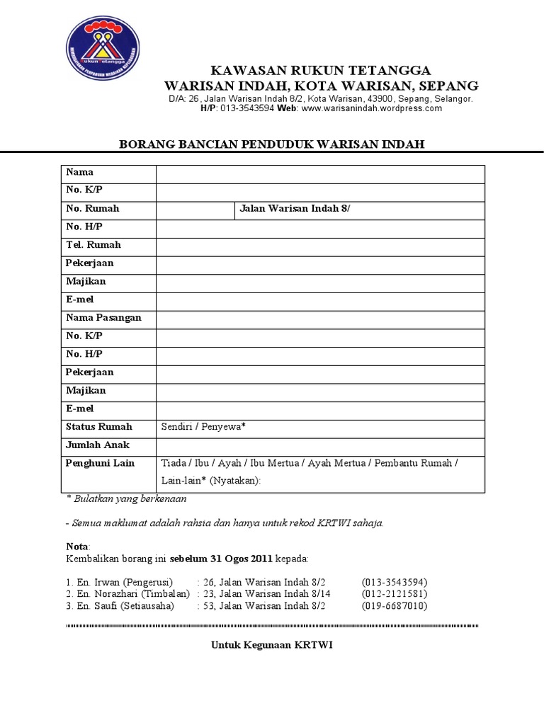 Borang Banci Penduduk Warisan Indah | PDF | Memasak, Makanan, & Anggur