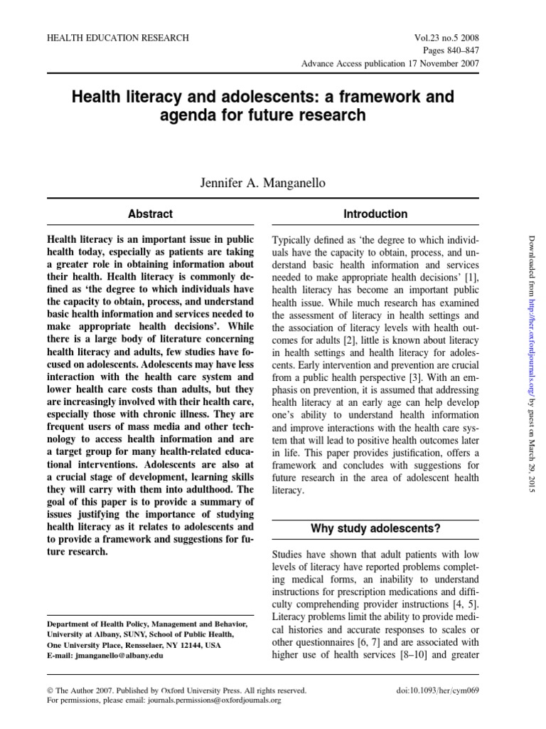 Adolescent Health Literacy Framework | PDF | Self-Improvement