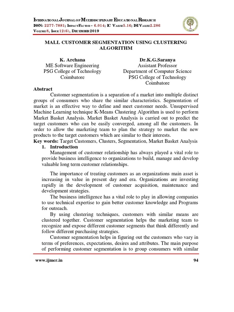 Mall Customer Segmentation via Clustering | PDF | Cluster Analysis ...