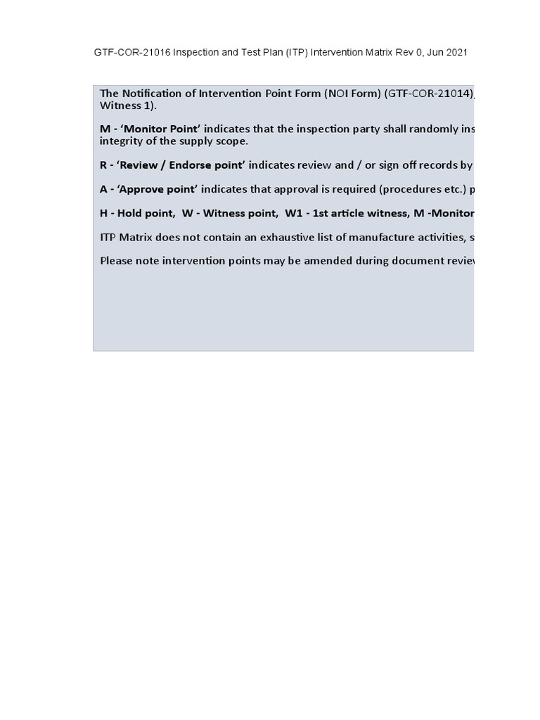 Inspection & Test Plan Matrix | PDF