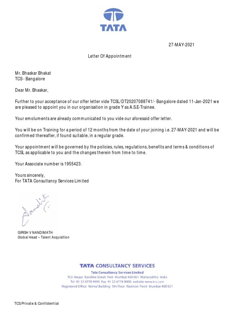 TCS Appointment Letter for A.S.E-Trainee | PDF | Business