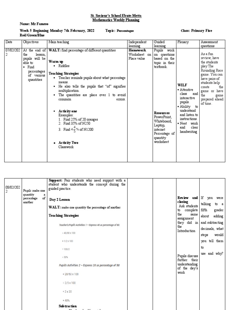 Mathematics Plan Week 5 Primary 5 Percentages | PDF | Multiplication ...