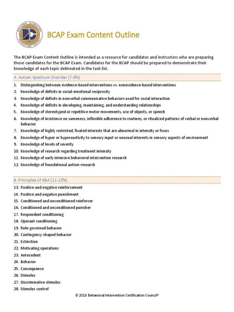BCAP Exam Content Outline | PDF | Reinforcement | Behavior Modification
