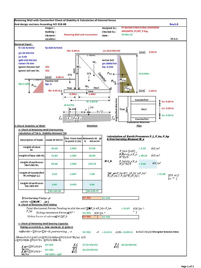 Retaining Wall Design per ACI 318-08 | PDF | Civil Engineering ...