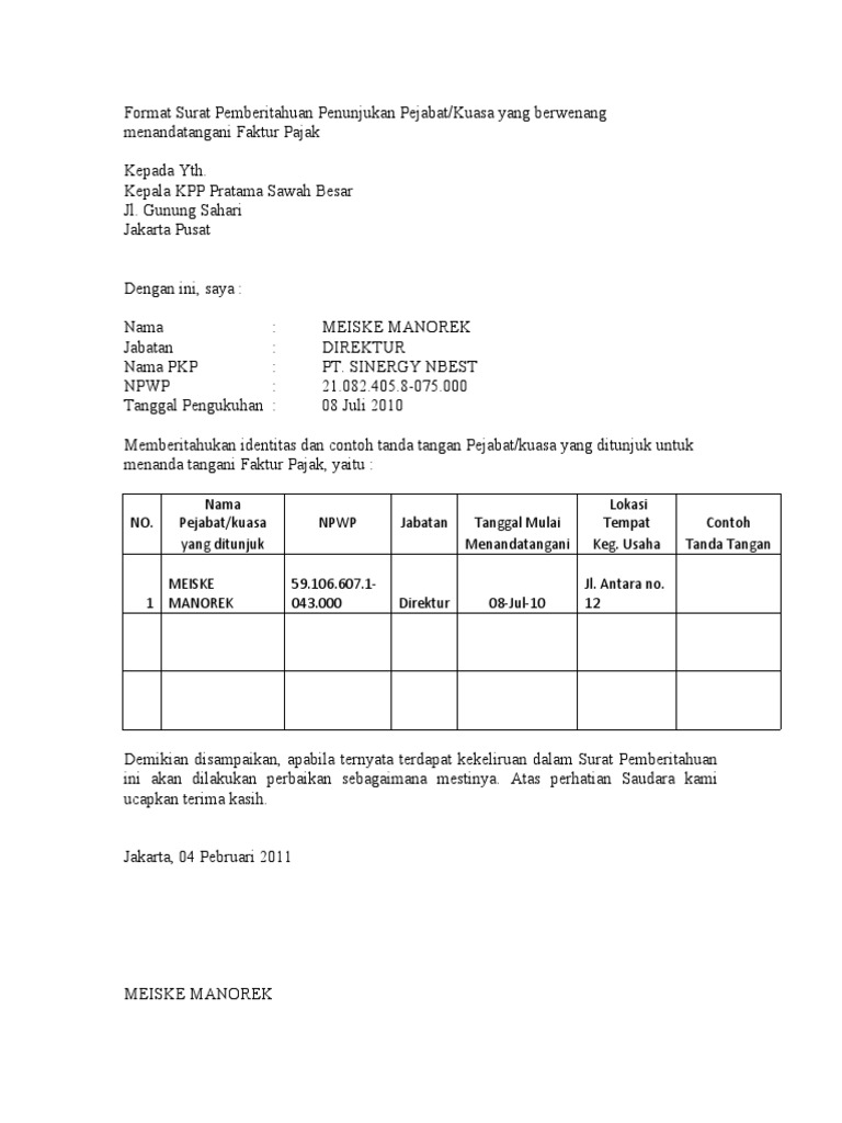 Format Surat Pemberitahuan Penunjukan Pejabat