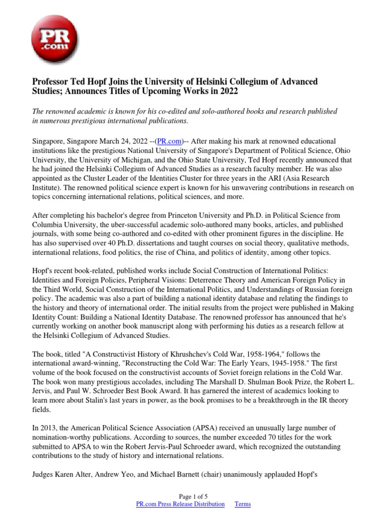 Ted Hopf Joins Helsinki Collegium | PDF | International Relations ...