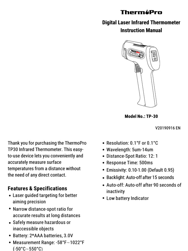 ThermoPro TP30 Infrared Thermometer Manual | PDF
