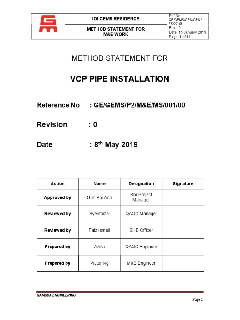 VCP Pipe Installation Method Statement For PDF Personal Protective