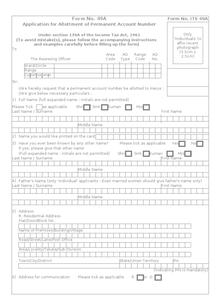 Pan Card Application Form (Form49) PDF Government Government And
