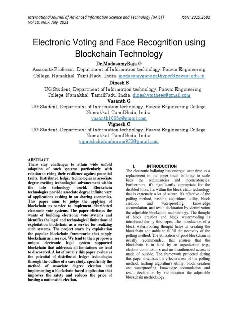 Electronic Voting and Face Recognition Using Blockchain Technology | PDF