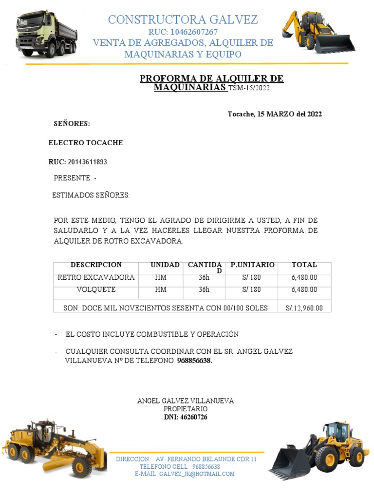 Proforma de Alquiler Retroexcavadora Galvez | PDF
