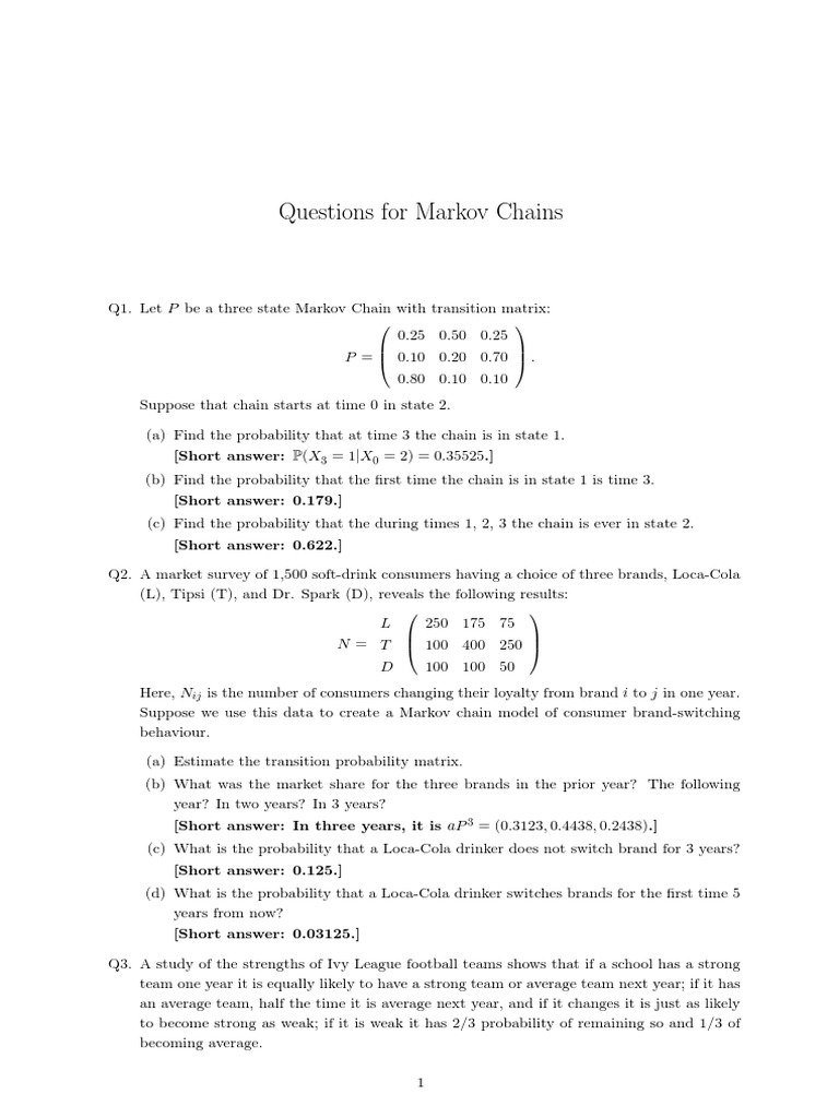 Markov Chains Questions PDF Markov Chain Applied Mathematics