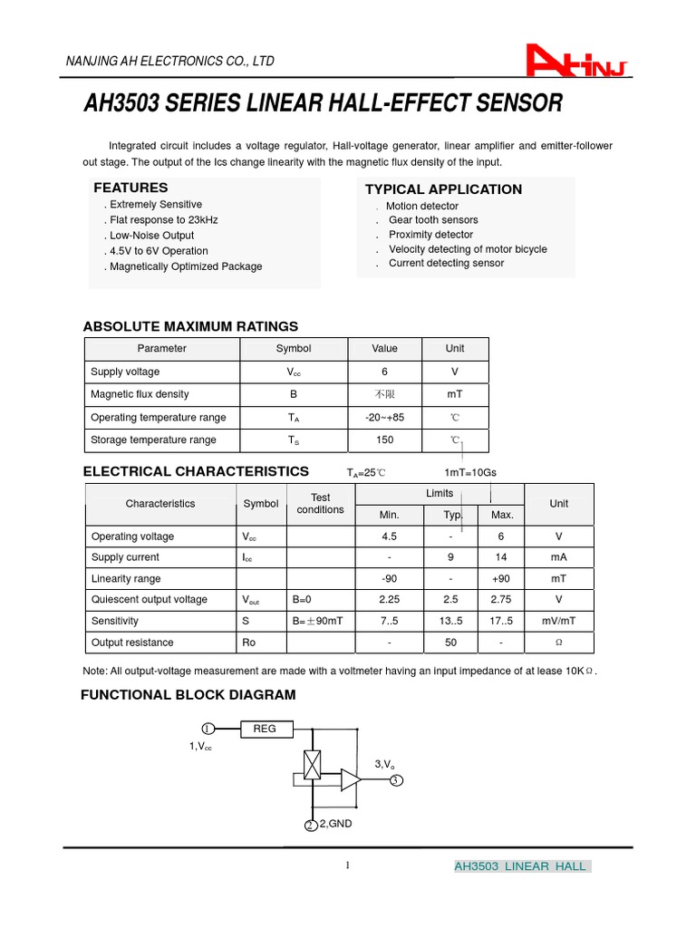 AH3503 Linear Hall Sensor PDF Computer Engineering Electrical