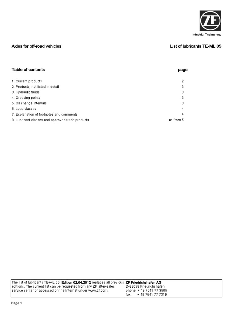 Axles For OffRoad Vehicles List of Lubricants TEML 05 Industrial