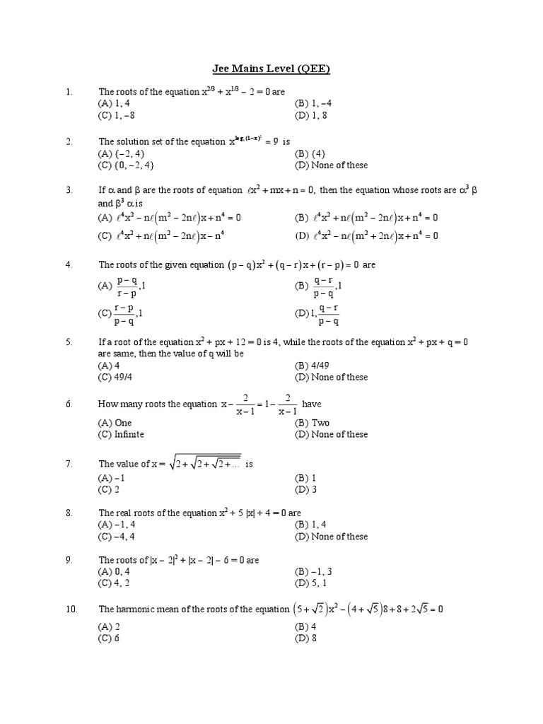 Jee Mains Level QEE PDF Quadratic Equation Equations
