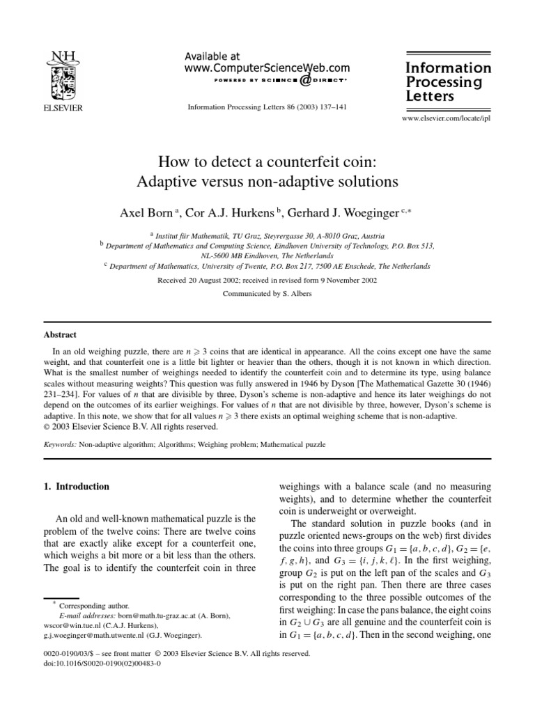 Detecting Counterfeit Coins: Non-Adaptive Weighing | PDF | Visual ...