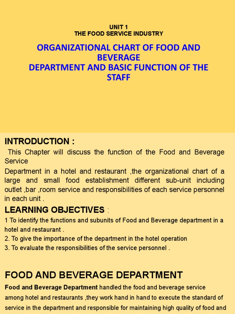 Unit 1 The Food Service Industry Organizational Chart of Food and