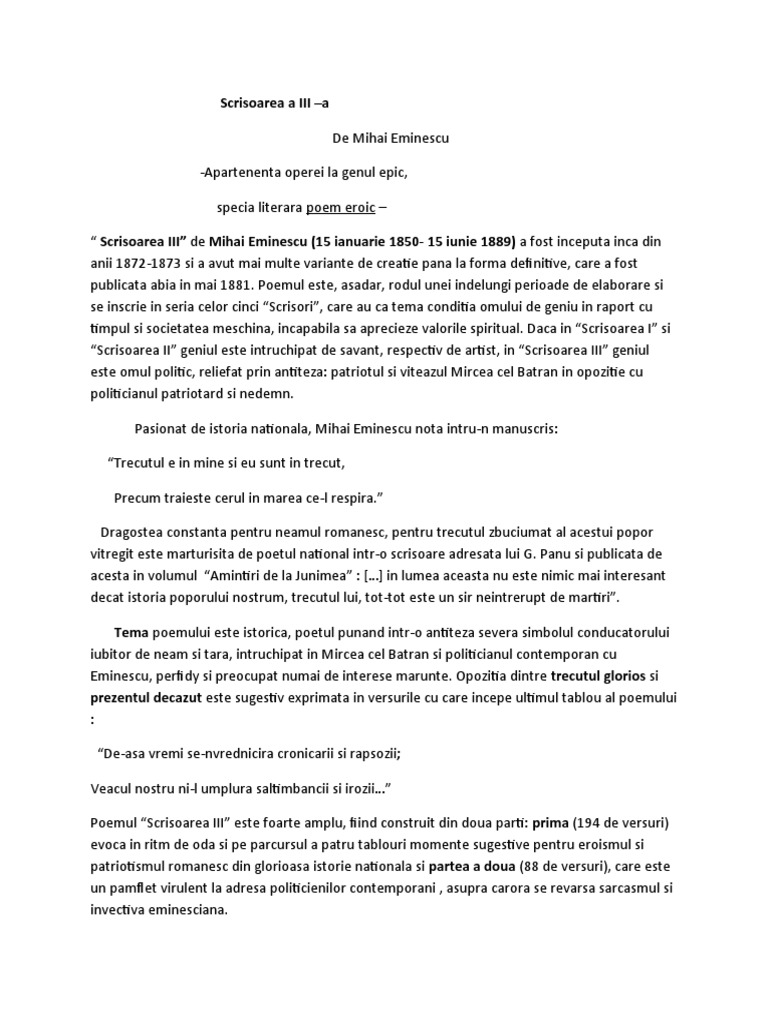 Scrisoarea Ii Comentariu De Mihai Eminescu