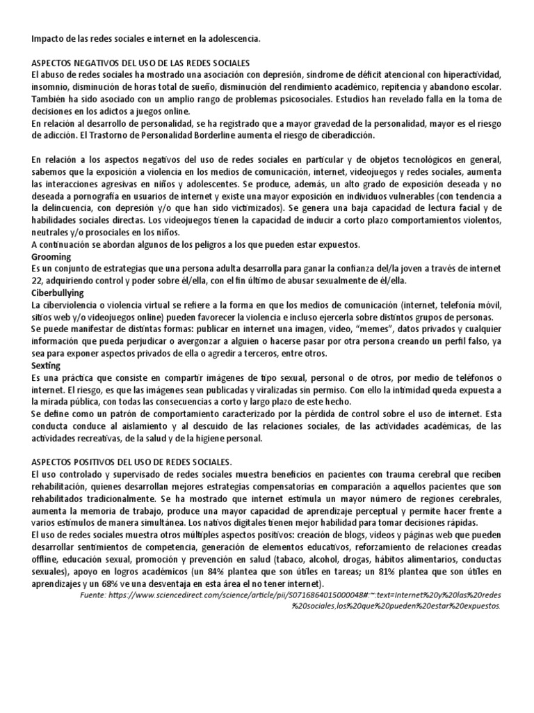 Impacto de Las Redes Sociales e Internet en La Adolescencia | PDF ...
