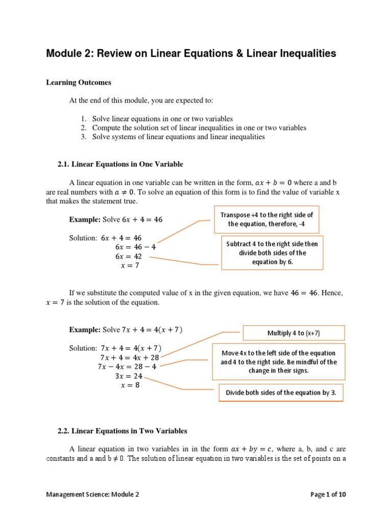 Module 2 Review On Linear Equations and Inequalities | PDF | Equations ...