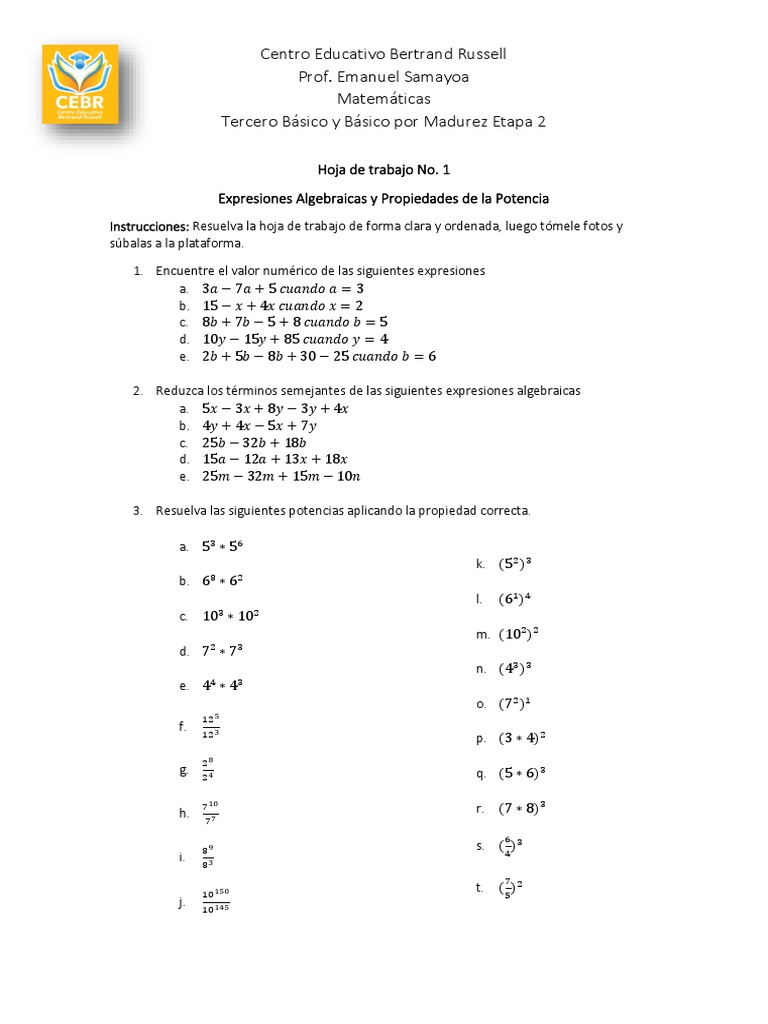 Hoja De Trabajo Con Respuestas Para Traducir Expresiones Algebraicas