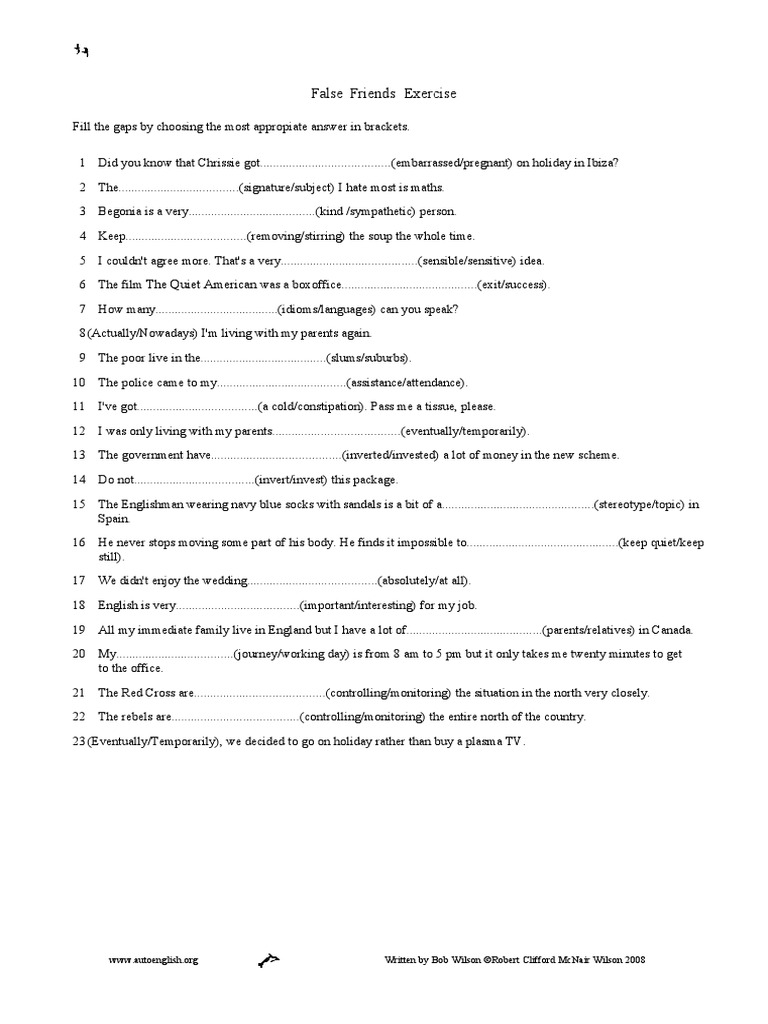 False Friends Exercise: Written by Bob Wilson ©robert Clifford Mcnair ...
