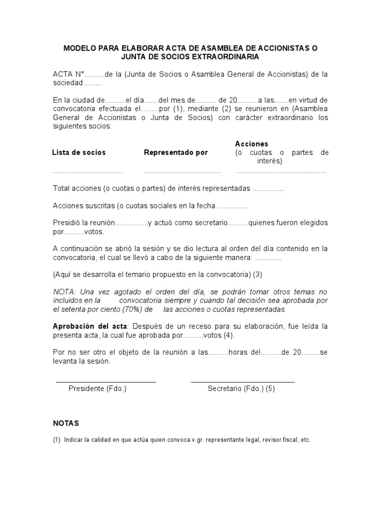 Modelo Para Elaborar Acta de Asamblea de Accionistas o 